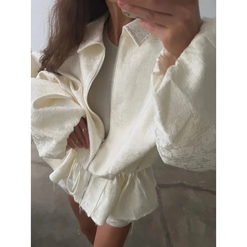 Casual Jacquard Apricot Jacket Women Turn-down Collar Zipper Drawstring Waist Lantern Sleeve Outwear 2026 Chic Lady Street Coats