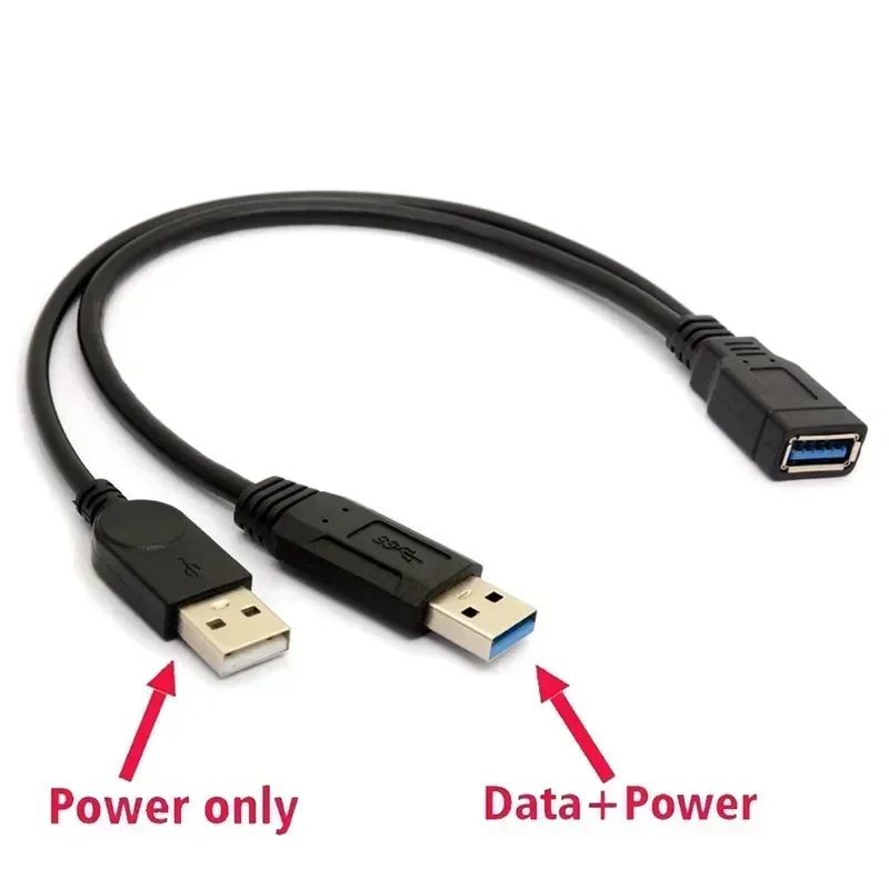 1pc Black USB 3.0 Female To Dual USB Male with Extra Power Data Y Extension Cable for 2.5