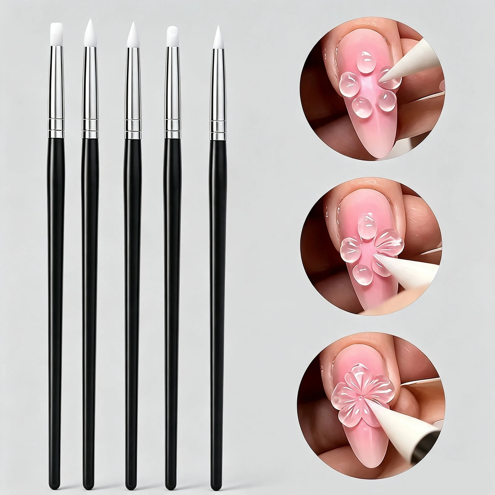 5-teiliges Silikon-Nagelkunst-Pinselset für Acryl-UV-Gel, Blumen, 3D-Gravur, Prägung, Formgebung, professionelle DIY-Maniküre-Werkzeuge