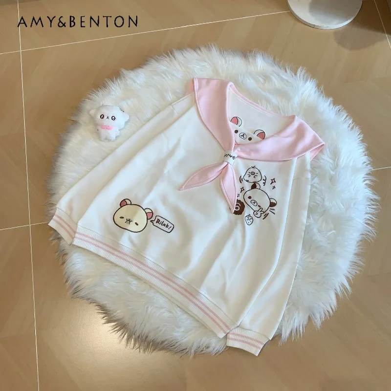Cute Girl Cartoon Embroidery College Style Sweet Navy Collar Patchwork Color Oversized Loose Casual Sweatshirt Women Autumn New