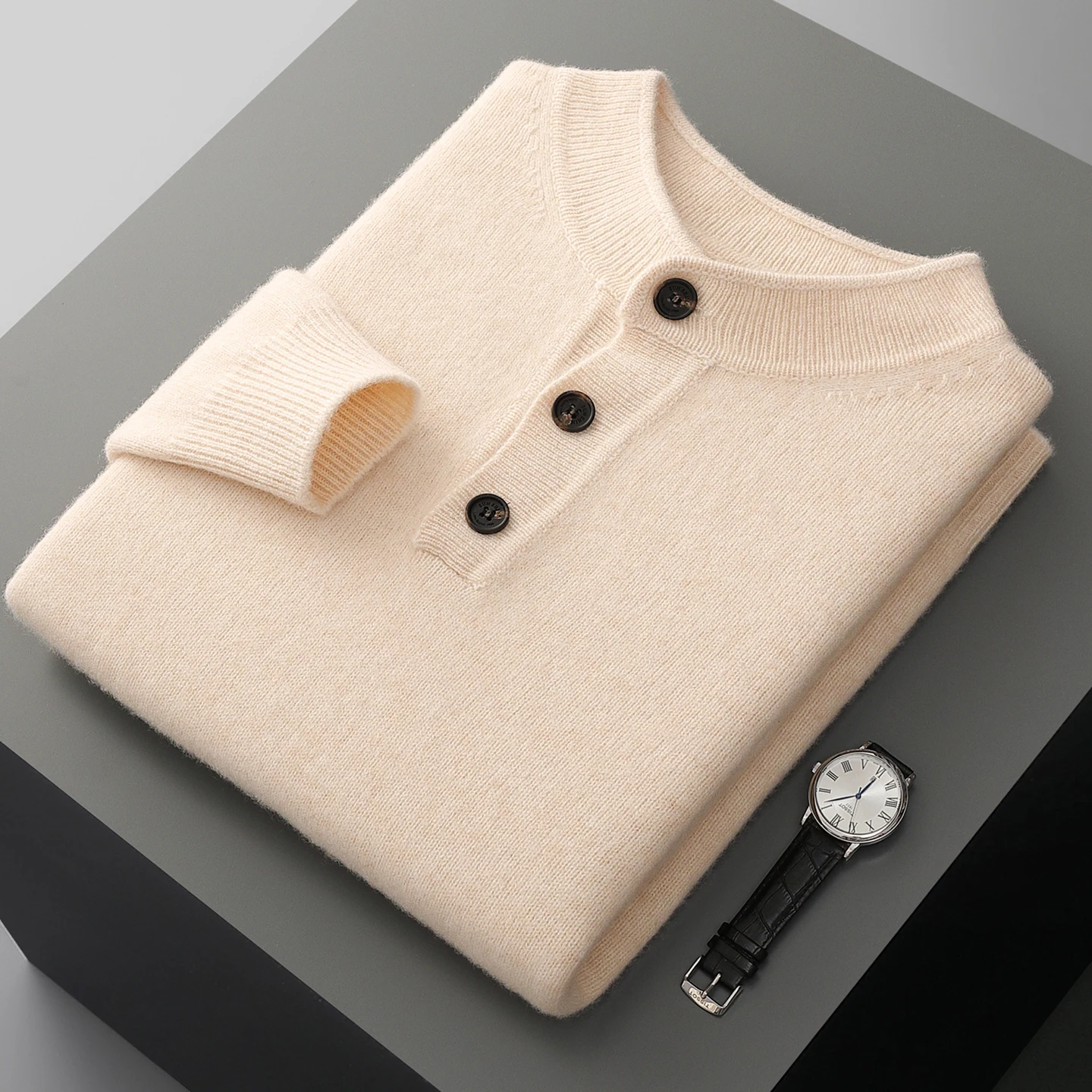 

Зимний мужской вязаный утолщенный пуловер с воротником Генри, свитер из 100% мериносовой шерсти, украшение на пуговицах, высококачественные деловые теплые топы