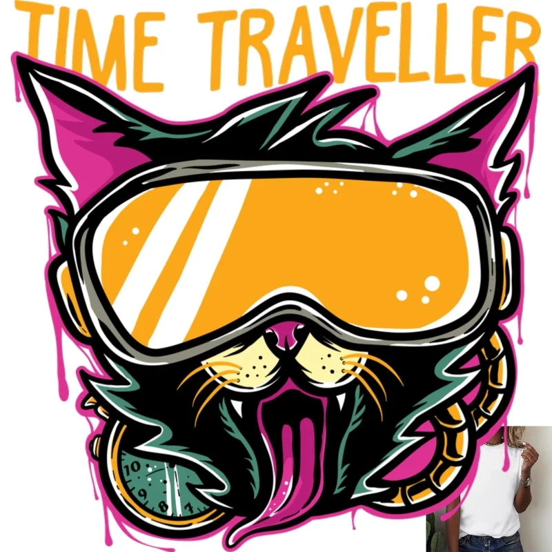 Trendy Cat with Goggles Heat Transfer White Ink Iron - on Patch, Street Style, Suitable for T - shirts/Clothes, Casual & - zdjęcie 1