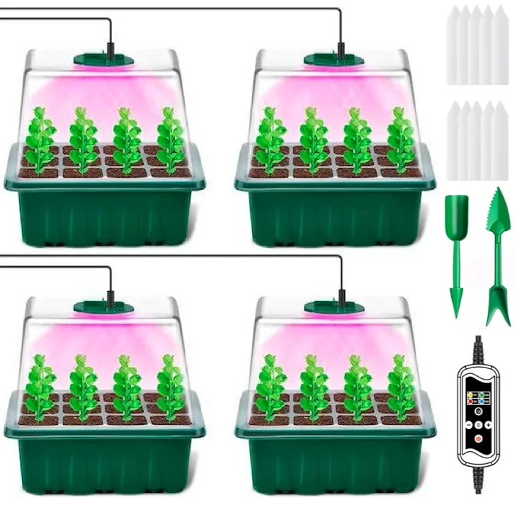 Seed Starter ถาดกล่อง LED Grow Light เนอสเซอรี่หม้อต้นกล้าการงอก Planter ปรับความชื้นระบายอากาศ