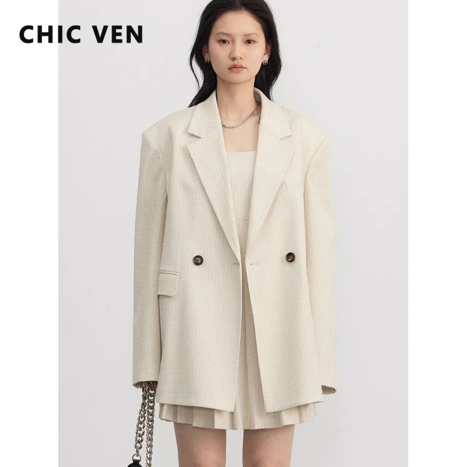 

CHIC VEN Women Blazers Loose Solid Texture Twill Jacquard Suit Coat Double-breasted Overcoat Female Jacket Spring Autumn 2025