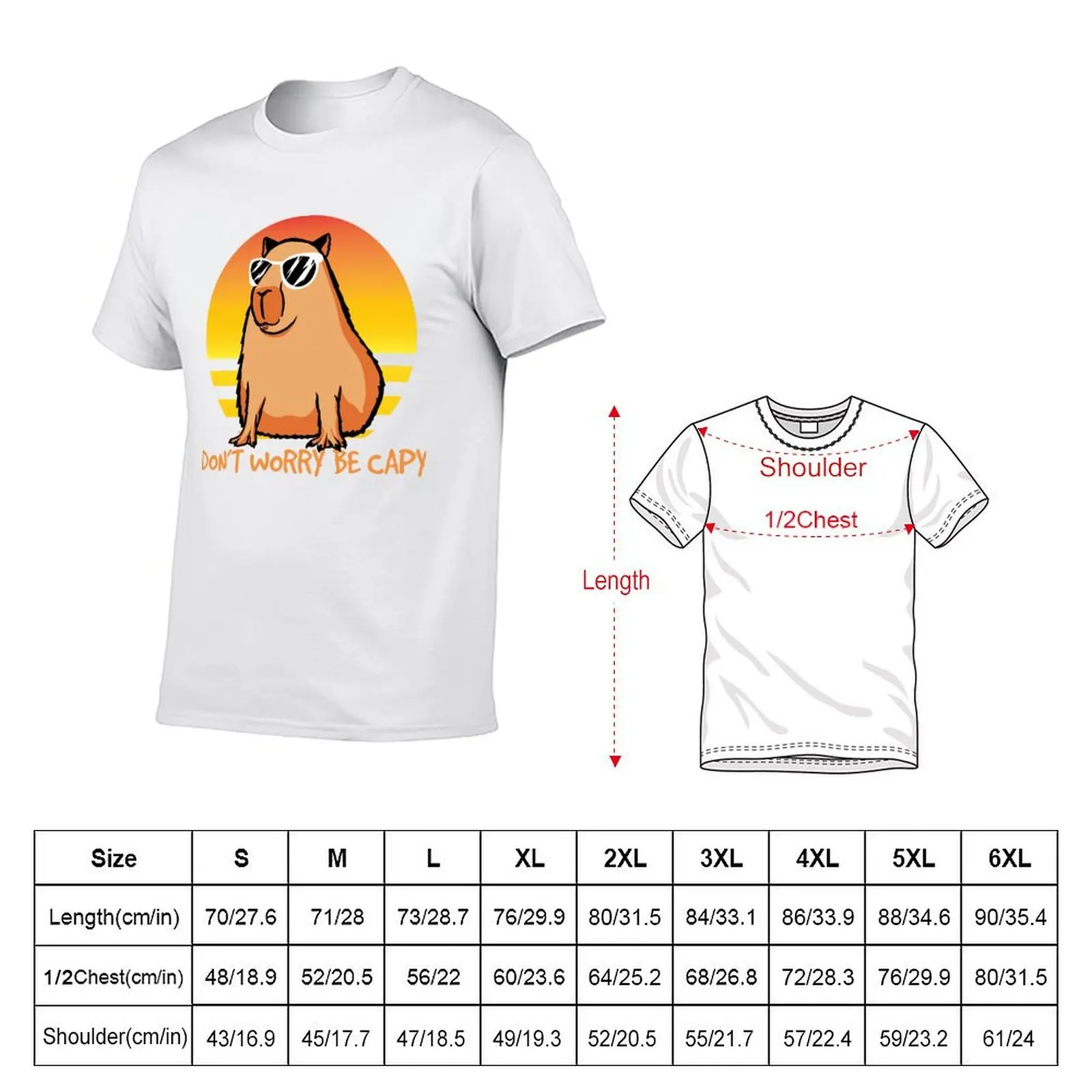 Don't Worry Be Capy Retro Sunset Capybara Quote Be Capy Gear T-Shirt Casual Streetwear Short Sleeve Tee