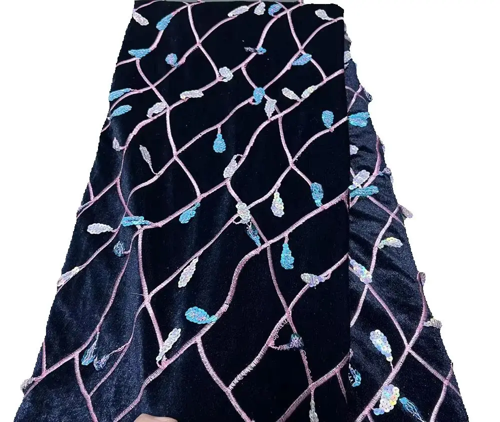 

New Sequins Embroidered African Velvet Tassel Lace Fabric with Intricate Embroidery Laser Cut Traditional Nigerian Attire Drapes