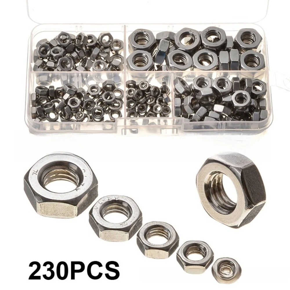 

230pcs Hexagon Hex Nuts M3 M4 M5 M6 M8 Hardware Screws Hexagonal Nuts 304 Stainless Steel Metric Hexagonal Nuts Fasteners