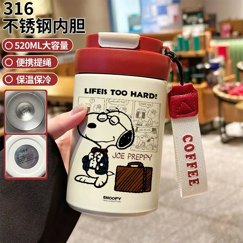 Copo Térmico Snoopy Cartoon, Bonito e Divertido, Capacidade Grande de 520ml, Copo de Aço Inoxidável para Bebidas Frias e Café, Presente