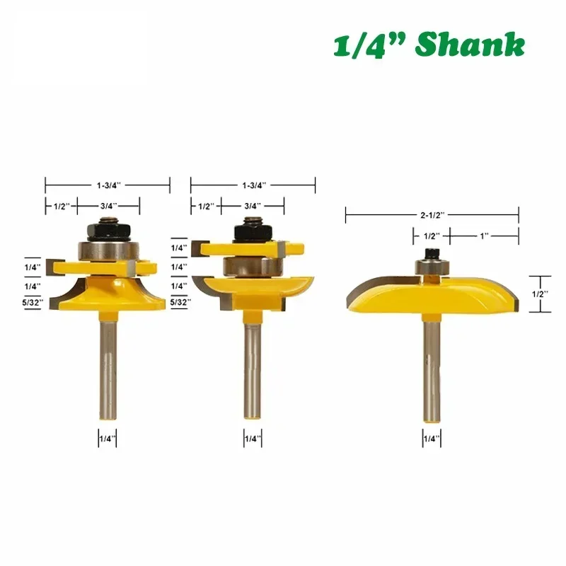 

3 шт., 1/4 дюйма, набор фрез с круглыми направляющими и стильными фрезами с хвостовиком, фреза с приподнятой панелью для деревообрабатывающих инструментов