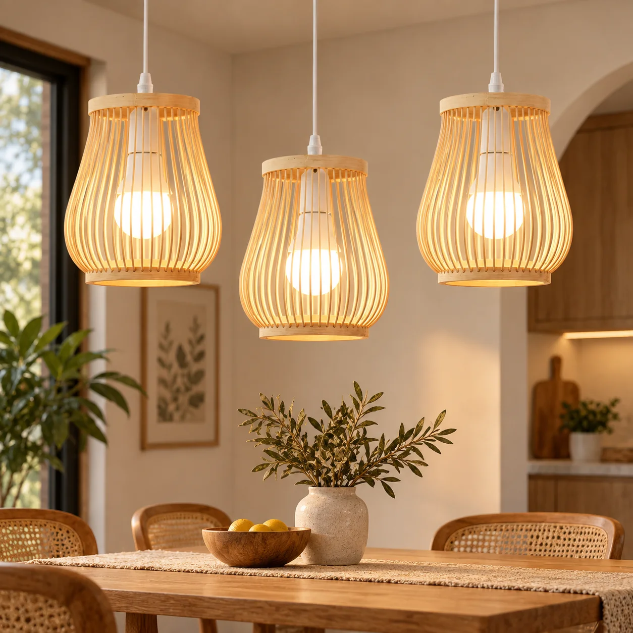JOYINLED 1/2/3PCS E27 Rattan Pendant Lighting, Natural Bamboo Woven Hanging Ceiling Lamp for Dining Room, Kitchen, Living Room