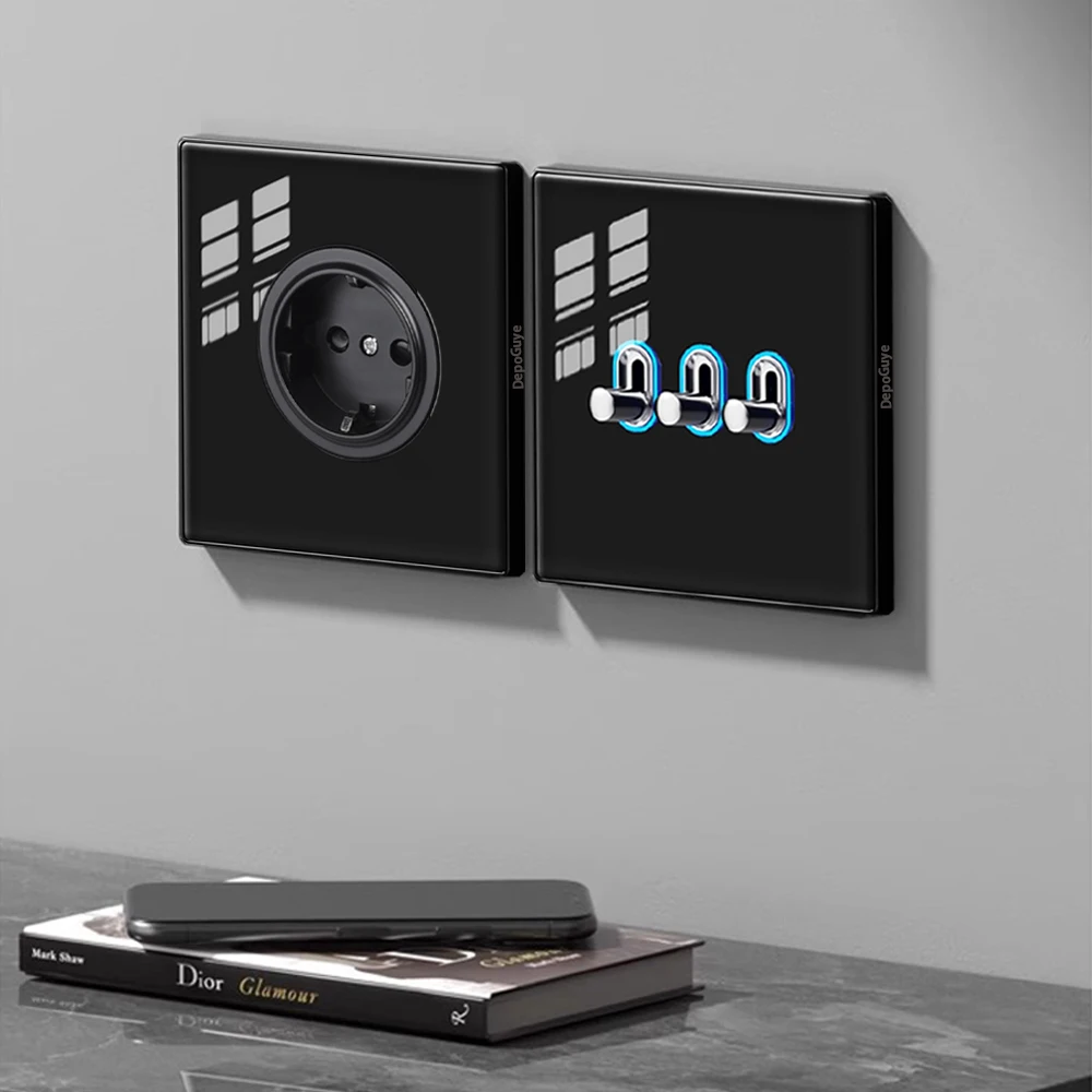

Black Glass Sliding Wall Lamp LED Light Switch EU UK Standard Universal USB Type-c Socket Home Hotel Office Villa Decoration