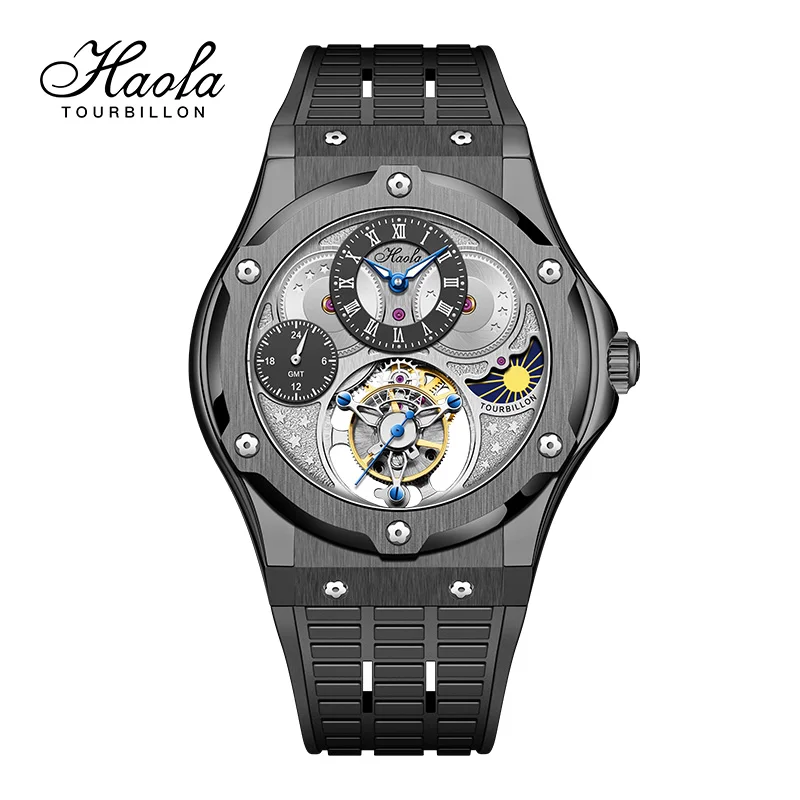 Haofa Moon GMT Flying Tourbillon Watch for Men Manual Mechanical Mens Sapphire Waterproof Wristwatches Luxury Day And Night 1919