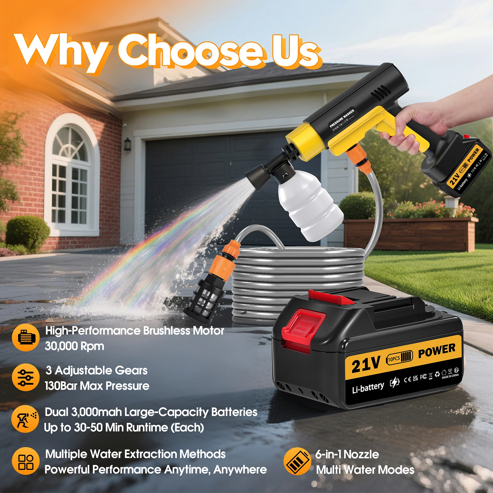 Cordless Pressure Washer 130Bar Brushless Portable Car Cleaner with Dual 21V 3.0Ah Batteries and 6 in 1 Nozzle Spray Gun for Home Outdoor