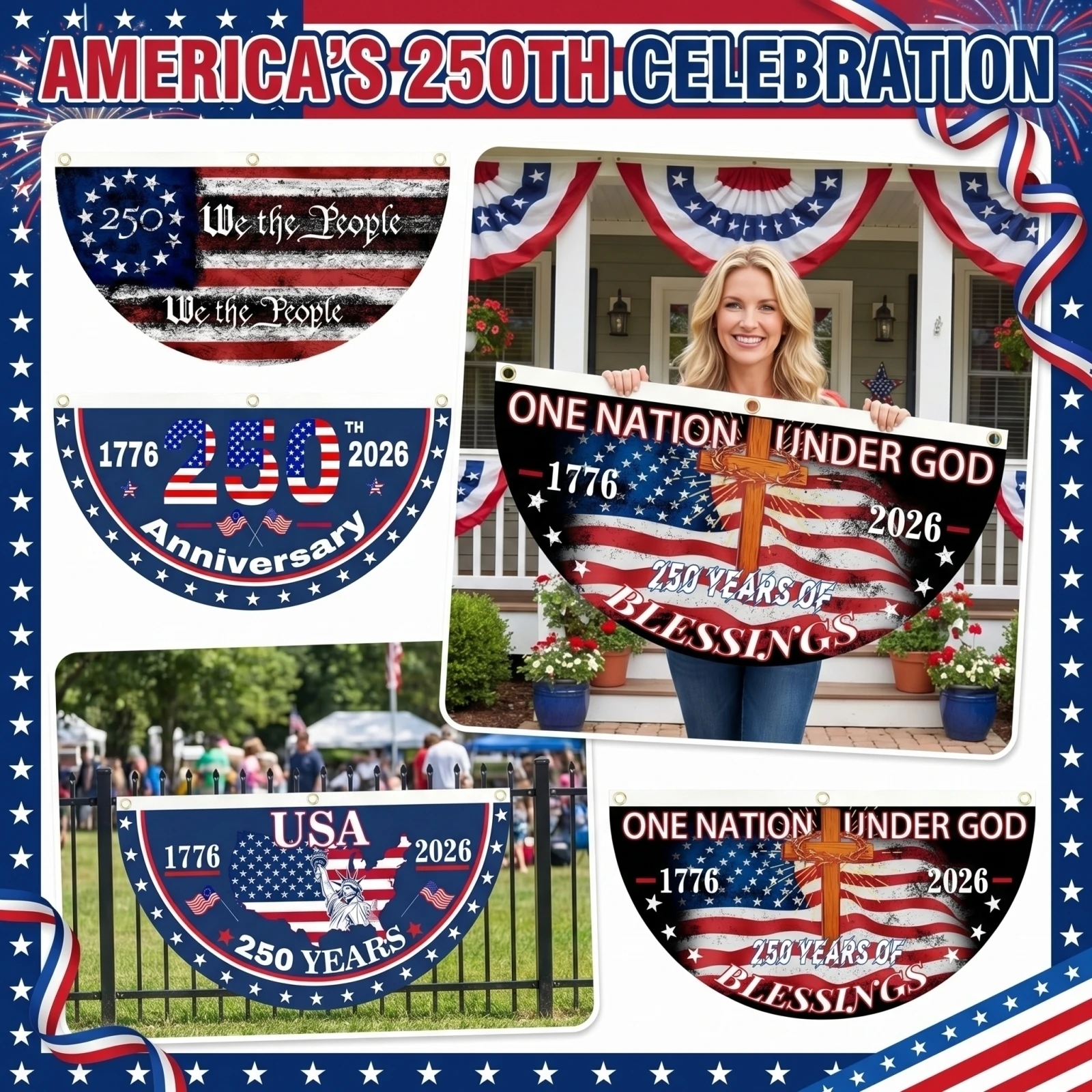 USA 250th Anniversary Fan Flag 45x90cm Patriotic Half Round Banner Independence Celebration Flag Outdoor Hanging Decoration