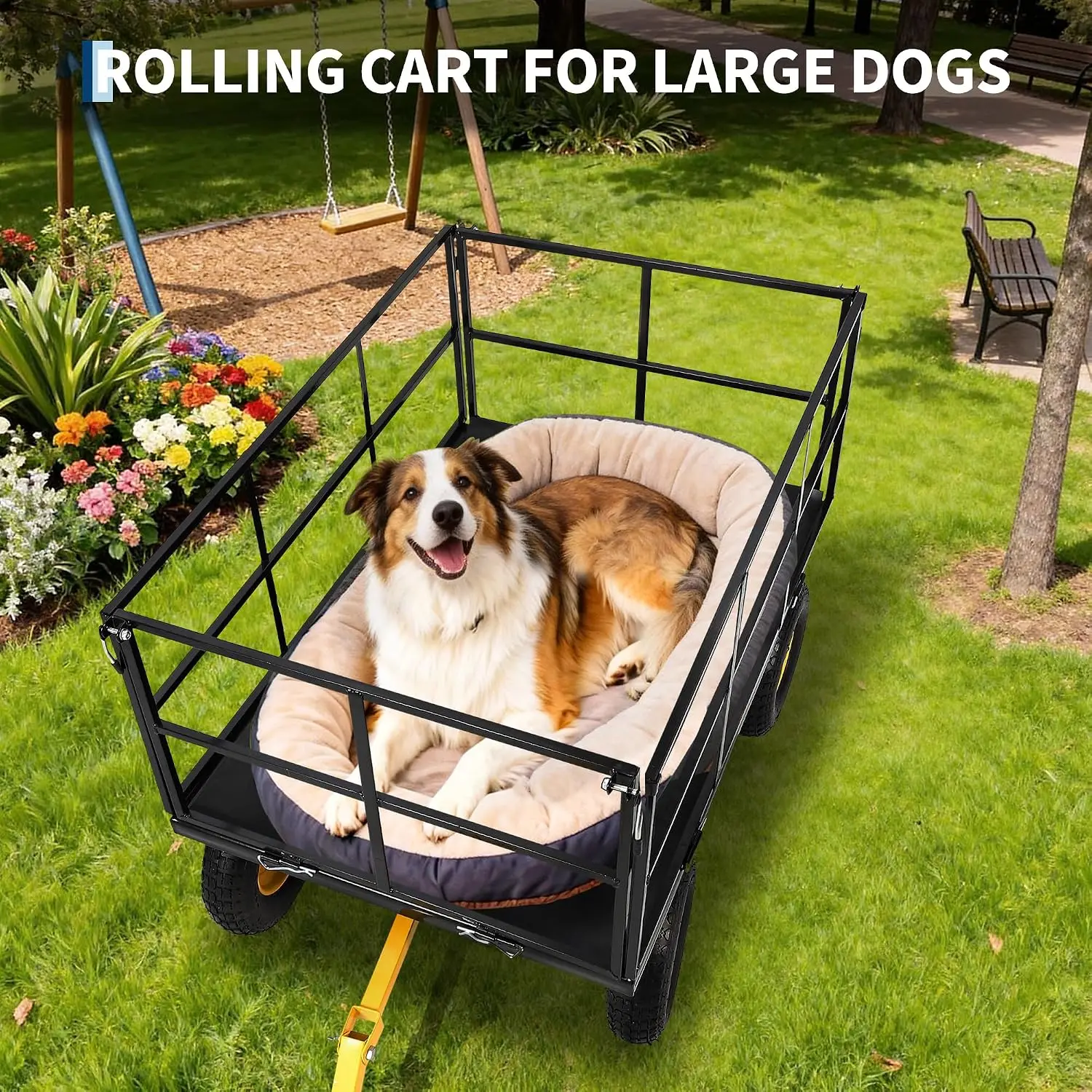 1500 lb Heavy-Duty Metal Garden Wagon Cart, Mesh Utility Yard Trailer with 13-Inch All-Terrain Tires, Removable Side Panels and Convertible Flatbed, Black, for Lawn, Backyard, Tools and Plants