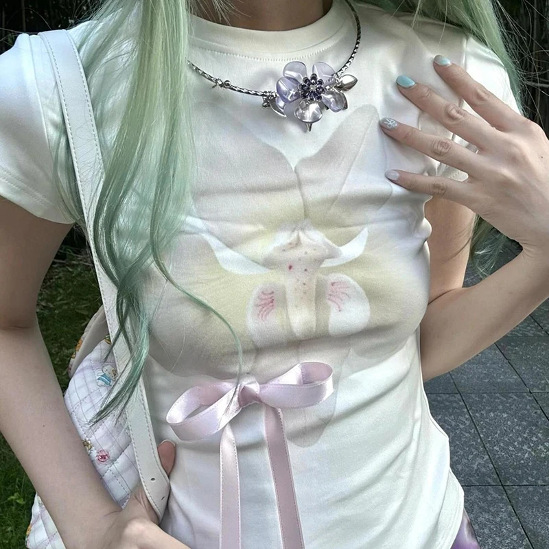 Ästhetische Blume sanfte Kunst Vintage Y2K 90er Jahre Schleife Süßes Mädchen T-Shirt Harajuku Schatz süße lustige Sommer schlanke Dame Tops T-Shirt