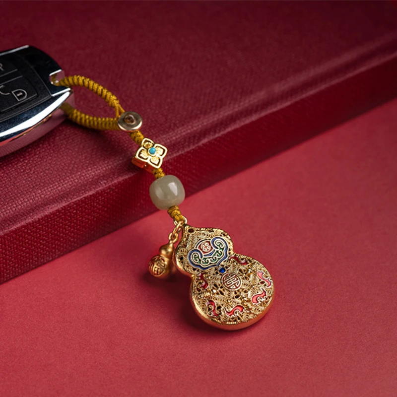 Enamel Color Copper Gourd Key Chain Lovers High-end Pendant Sand Gold Hotan Jade Double-sided Hollow Carving Festival Gifts