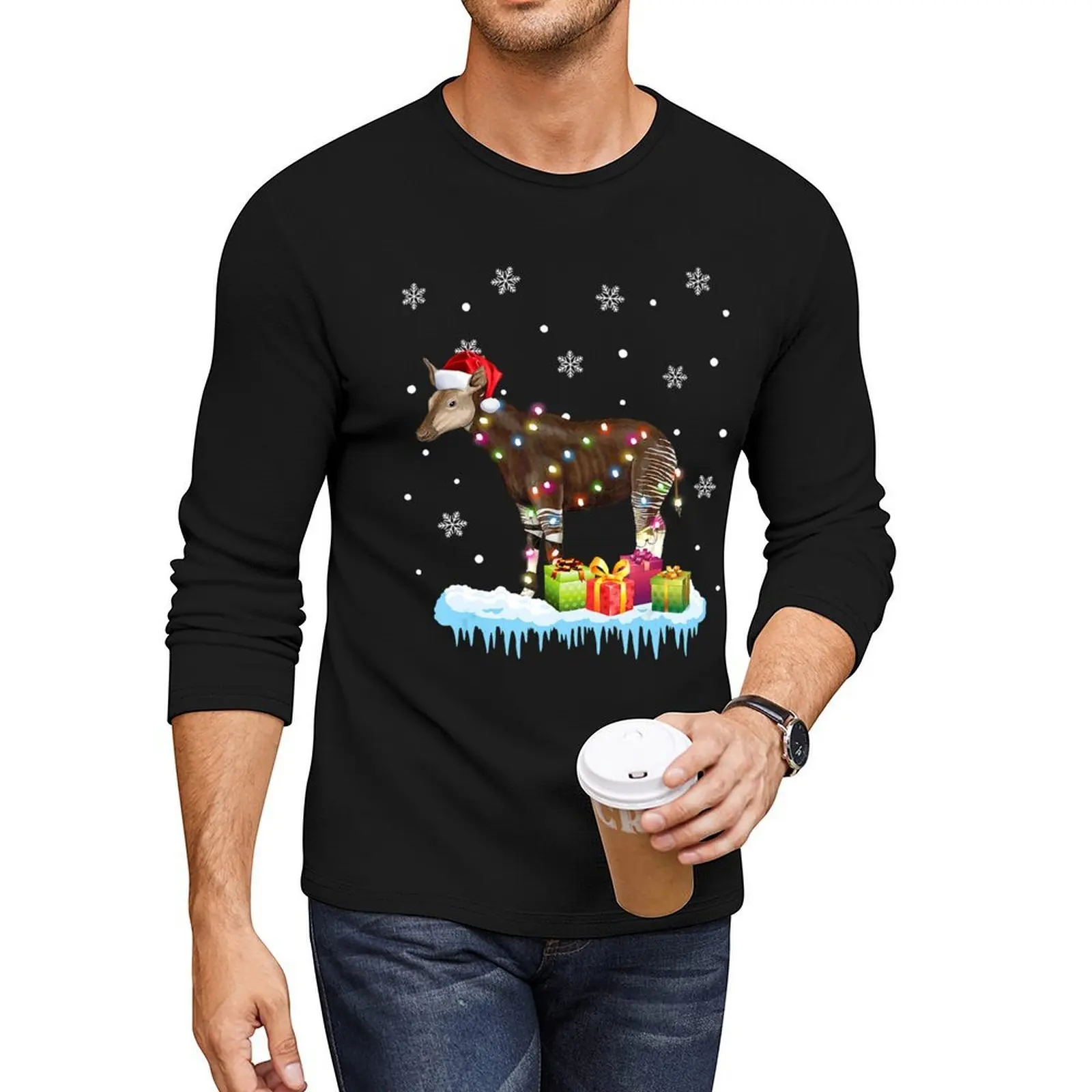 

X-Mas Okapi Christmas Lights Funny Wild forest giraffe Okapi Long T-Shirt anime clothes sweat shirt mens clothes