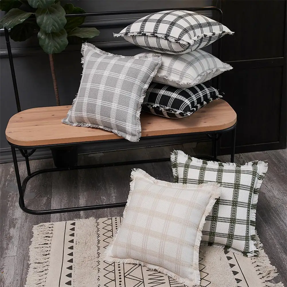 18 X 18 Inch Throw Pillow Covers Gingham Fringe Checkered Plaid Decorative Square Pillow Case Boho Classic Retro Pillowcase Sofa