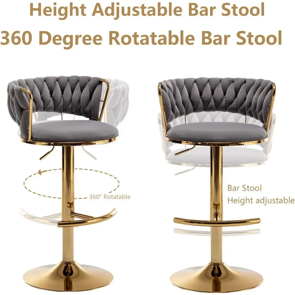 Gold Velvet Bar Stools Set of 4, Counter Height Bar Stools with Low Back, Swivel Stool for Kitchen Island, Bar Pub (Grey) image 6