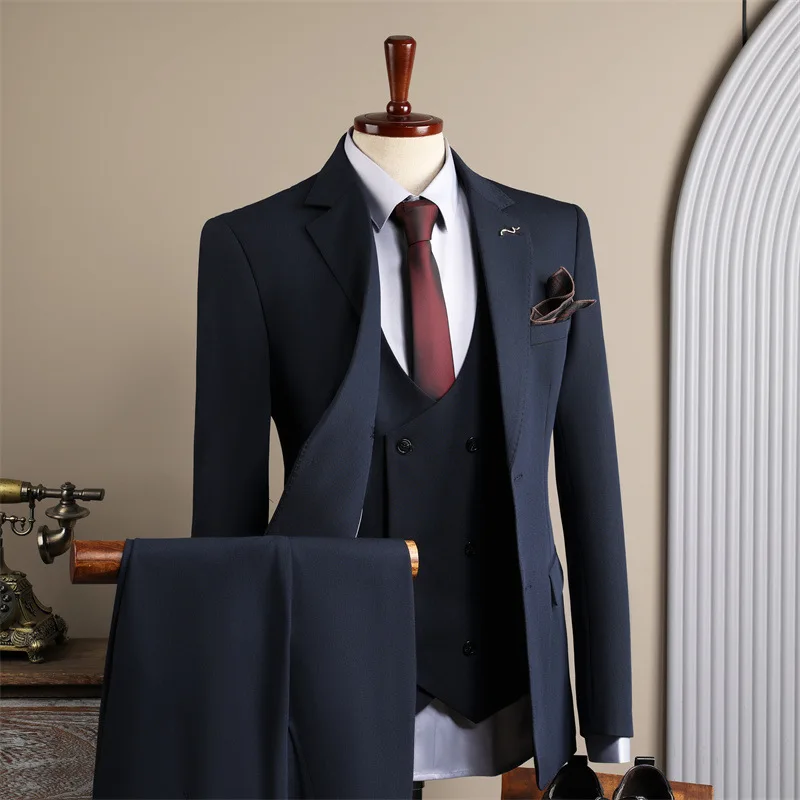 

Men Suit Outfit Turn Down Collar Solid Color Blazer Man Double-breasted Vest Straight-leg Pant Male Slim Business 3-piece Set
