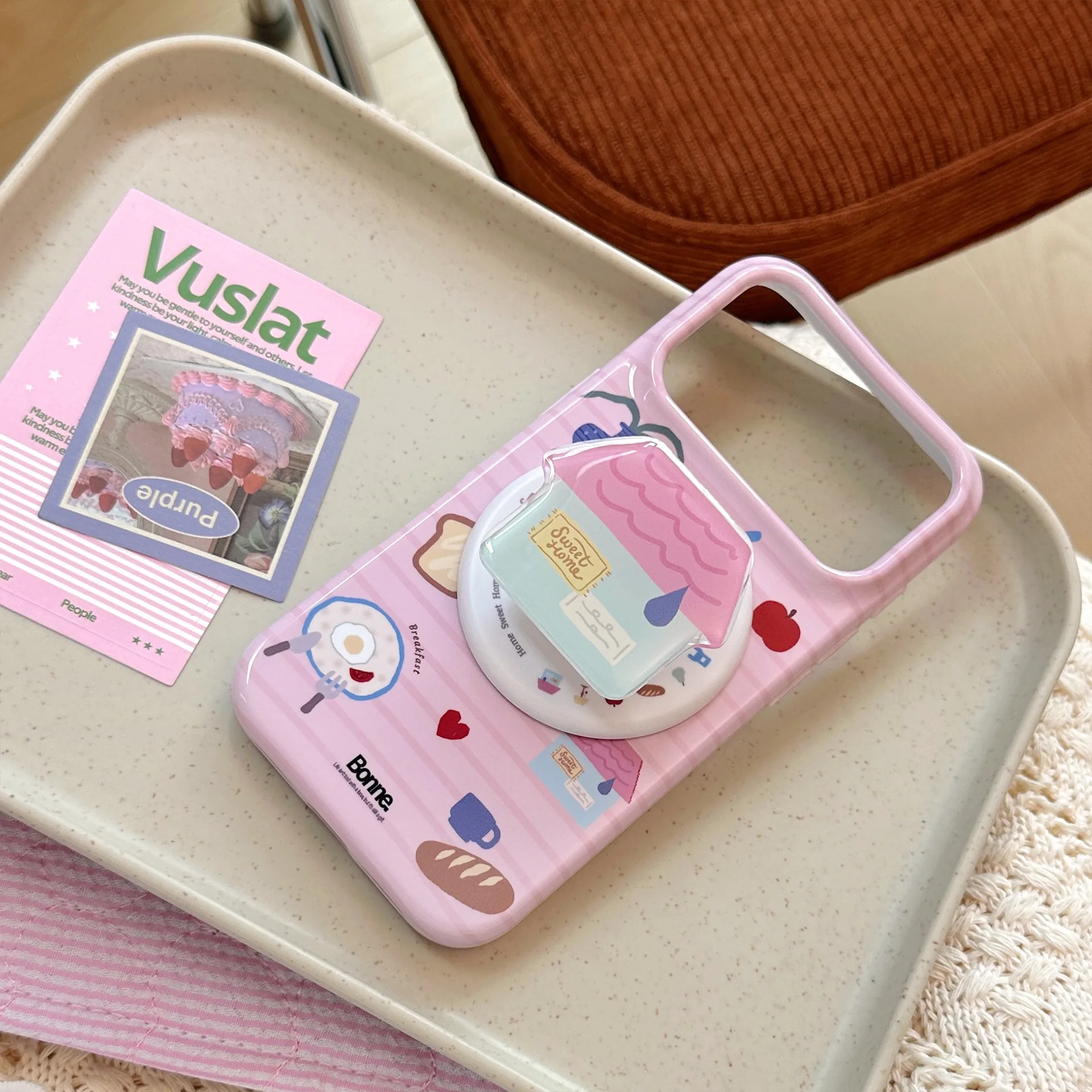 Coque de téléphone magnétique avec support, motif de maison de dessin animé à rayures roses coréennes, pour iPhone 17 14 15 16 Pro Max, coque souple antichoc.