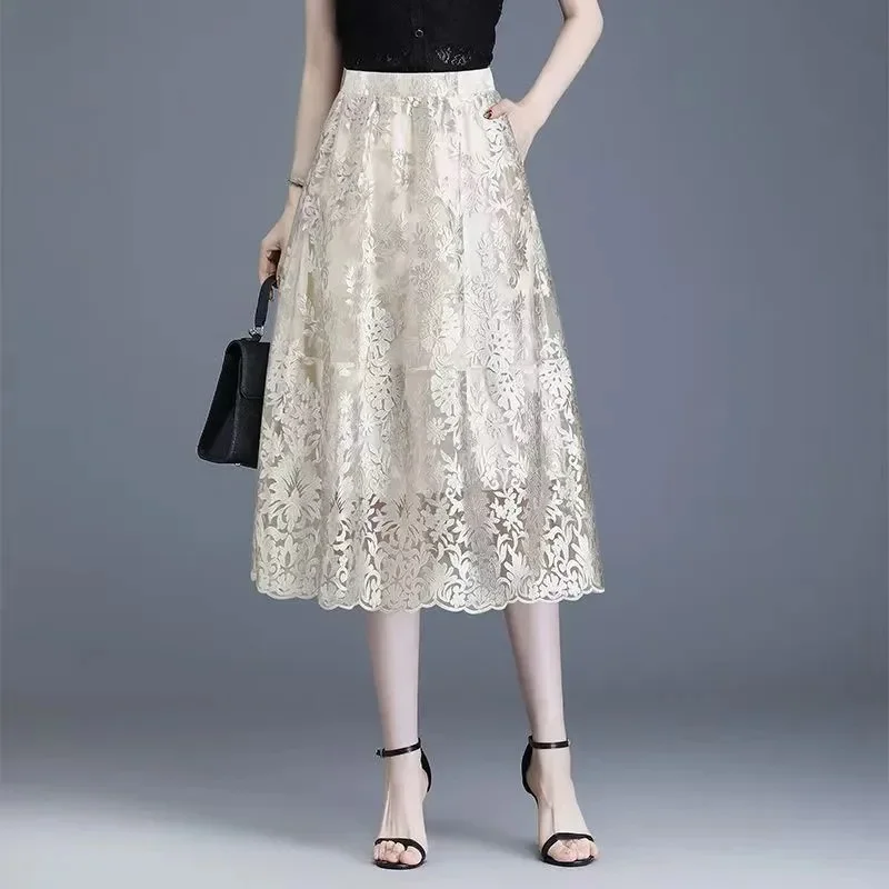 Summer Ladies High Waist Solid Color Half Body Gauze Skirt High-end Women Lace Maxi Skirt Female Embroidery A-word Long Skirts