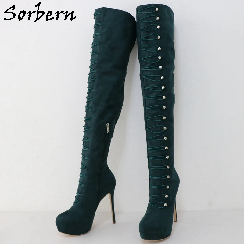 Sorbern Vintage Dark Green Women Boots Over The Knee Platform Shoes High Heeled Double Line Buttons With Elastic Stilettos