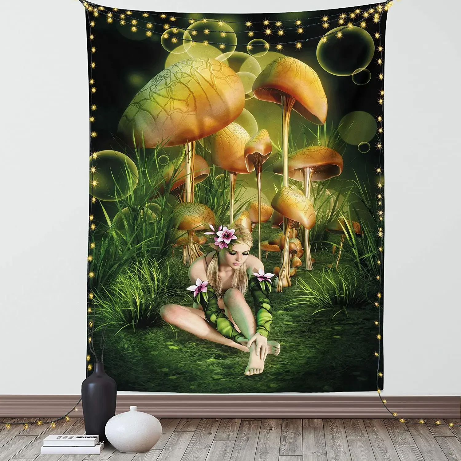 Mushroom Woman Silhouette In Enchanted Forest Elf Pixie In Flowers Grass By Ho Me Lili Tapestry Decor For Room Dorm