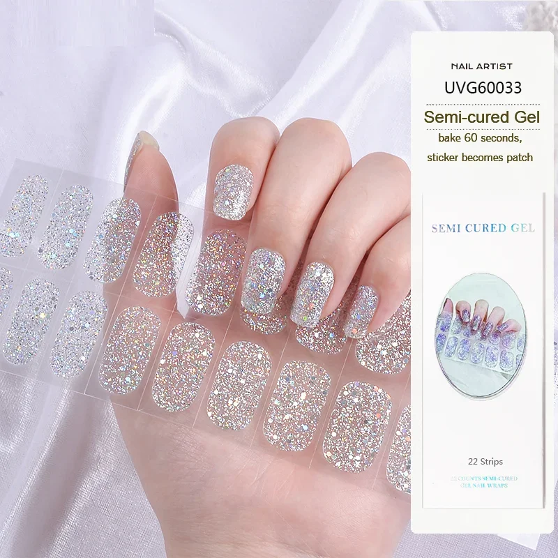 Starlight UV Semi-durci Gel Nail Strips Autocollants, Imperméable, Full Glitter Gel Stickers, souhaits on, N64.UV Lamp Requis, 22 Tips