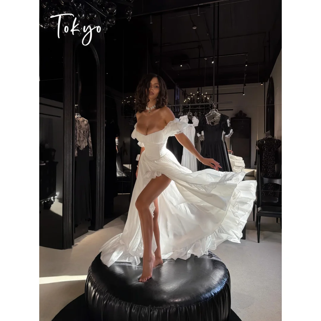 Tokyo Sweetheart Neck Ruffle Trim Cottagecore Dress High Slit Flowy Chiffon Beach Vacation Puff Sleeve Empire Waist A Line Gow