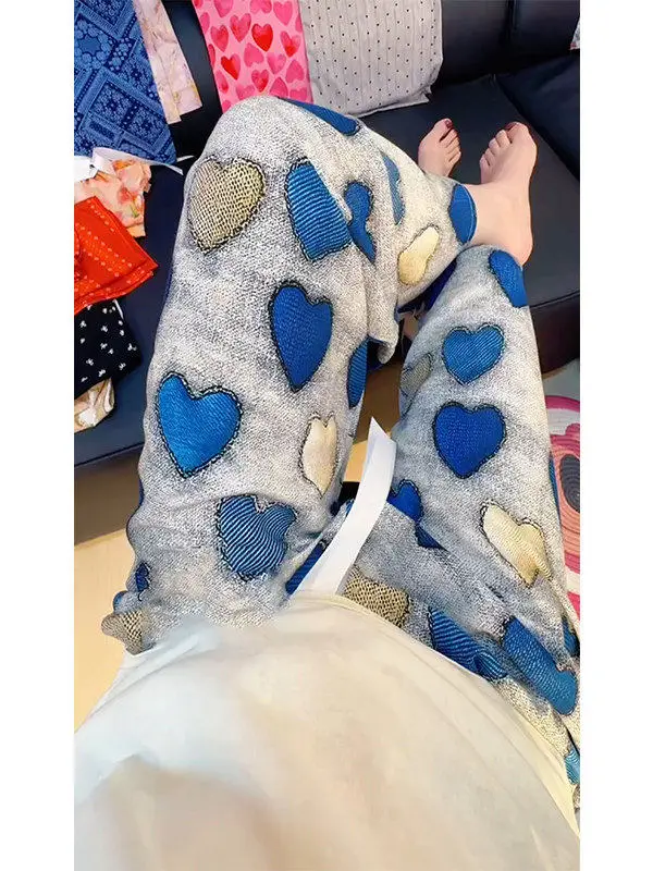 

Summer Lightweight Loose Casual Women's Pants High Waist Straight Leg Wide Leg Love Heart Print Cool Feeling Loose Fit Trousers