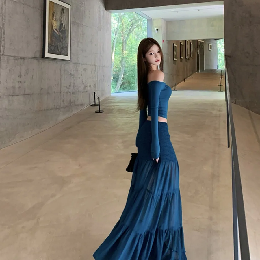 Simple Knitted Long Sve One oulder T-irt Skirt Set Women's Faion Autumn New Sle High Waist Midi Skirt Commute Sle