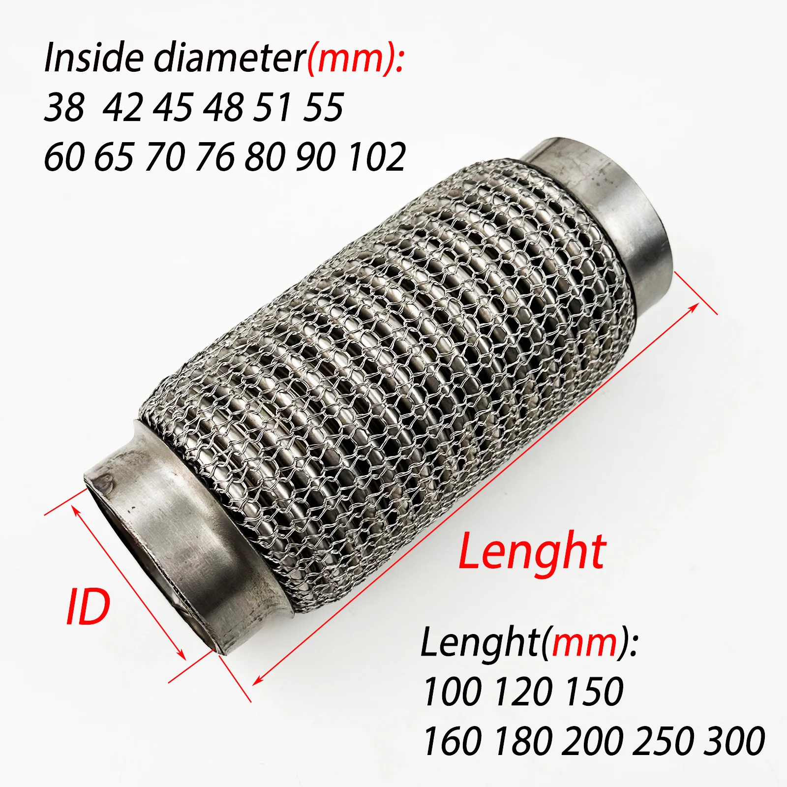 38/42/45/48/51/55/60/65/70/76/80/90/102mm Exhaust Tube Telescopic Flexible Connection Steel Mesh Bellows Stainless Steel Muffler