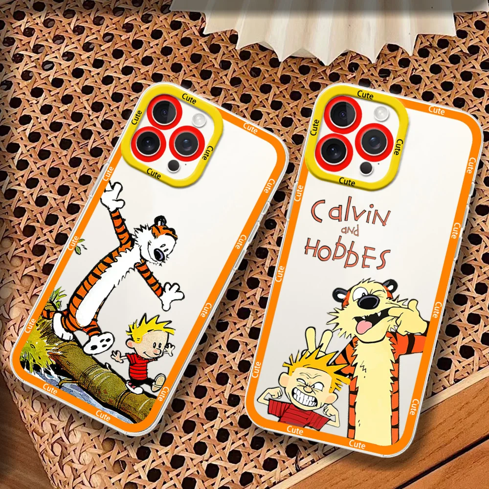 Cartoon C-Calvin and H-Hobbes Phone Case for iPhone 12 11 13 14 15 16 Max Pro Plus Transparent Bezel Cover