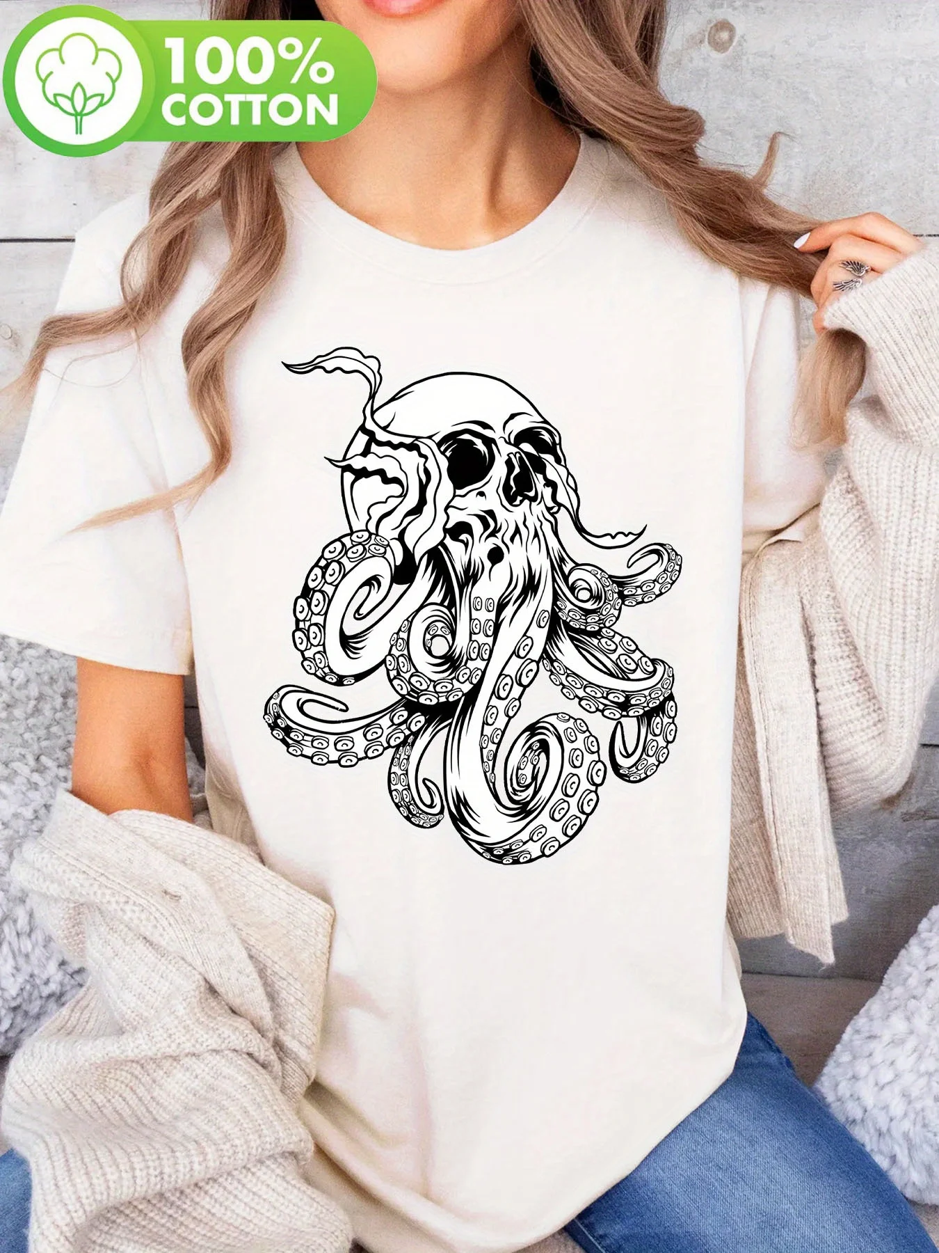 Women's Plus Size Skull Octopus Pattern T-shirt Cotton Breathable Fashionable and Versatile Unisex Streetwear Oversized