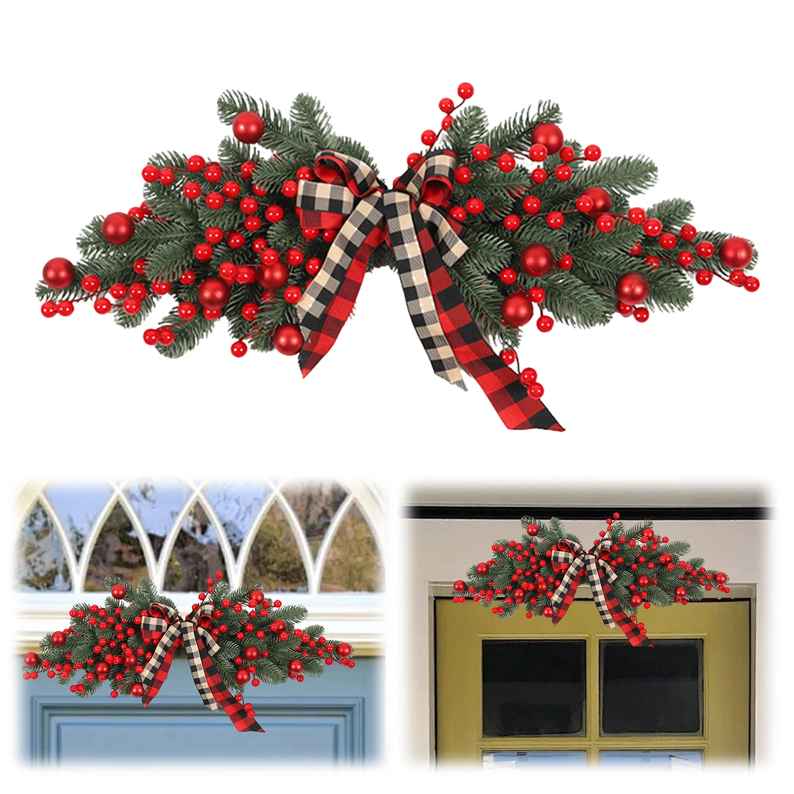 

Christmas Swag with Berries and Ribbon Bows Hanging Ornaments Christmas Decorative Swag for Front Door Festival Decor