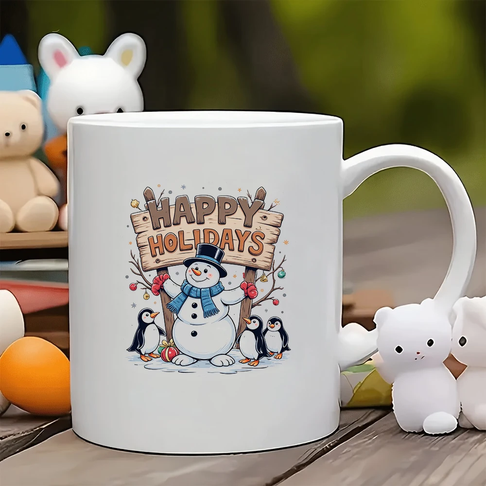 

11oz Mugs + Cartoon Snowman Penguin Christmas Theme + Holiday Gift Kids Water Bottle Family Office Coffee Cup Set