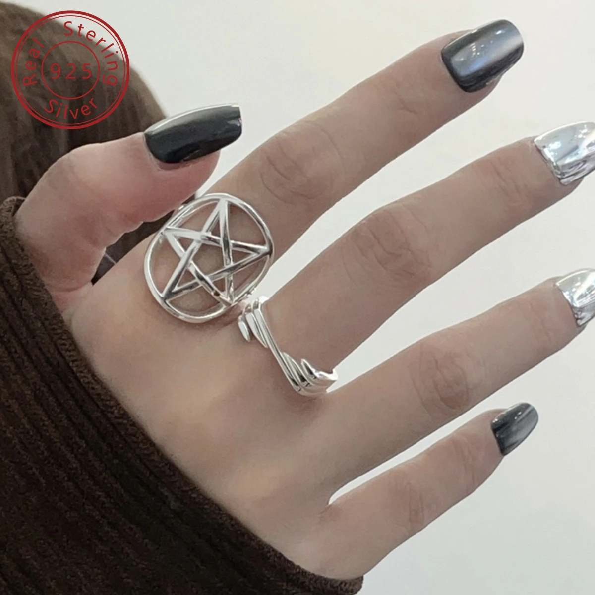 

925 silver hollow out stars opening ring and geometric line opening ring, full of personality, cold bland senior