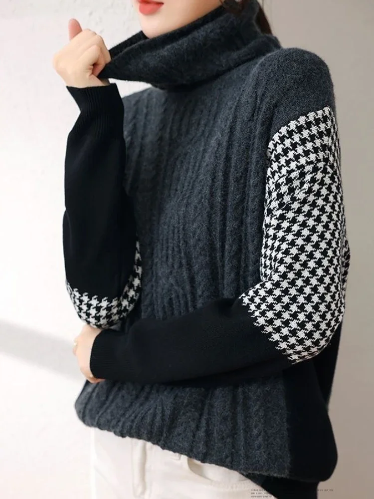 2024 Autumn Fashion New Warm Fashion Knitted Hoodie Half High Collar Printed Checkered Thickened Color Blocking Sweater Jumper