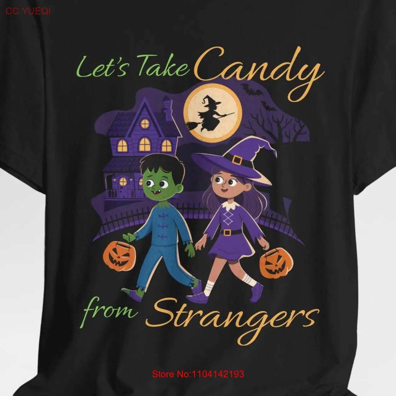 Funny Halloween T Shirt with Trick or Treating Kids and Let's Take Candy from Strangers Text Playful Humor