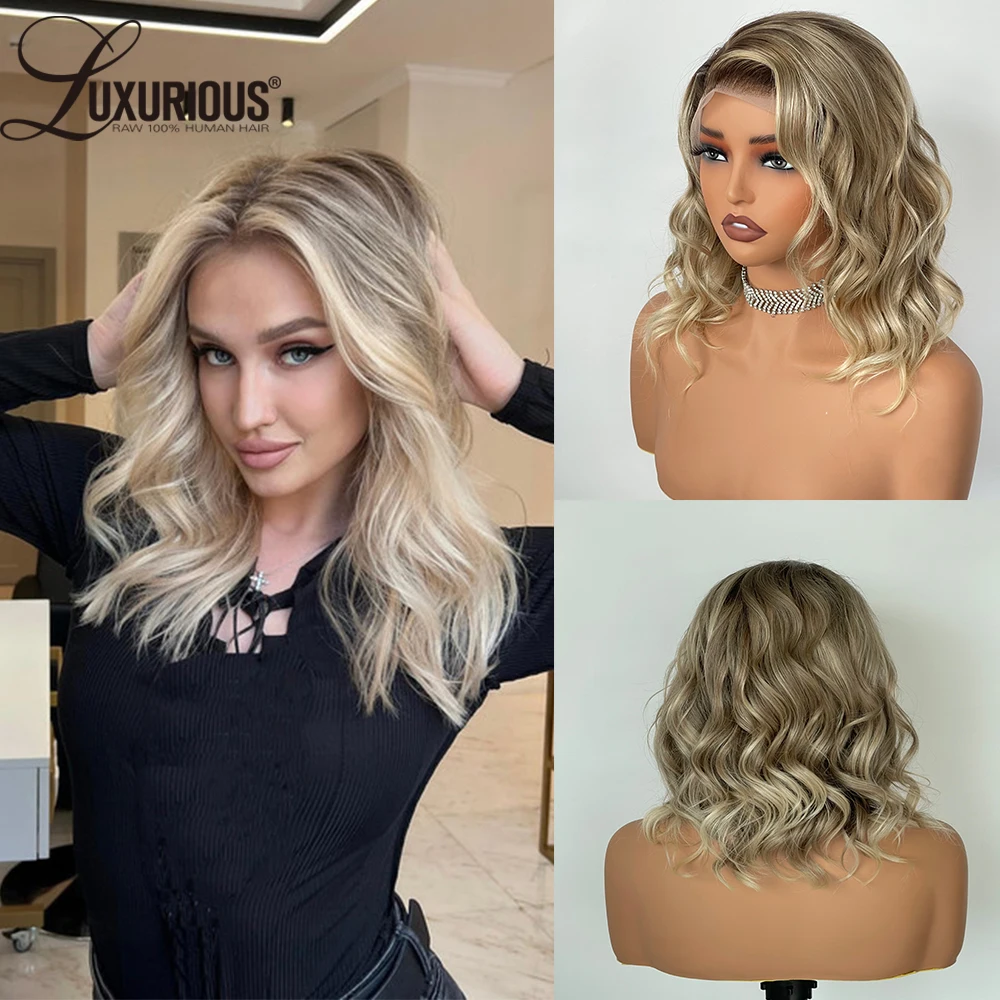 

13X4 Ash Blonde Lace Front Wig Human Hair Glueless Wear And Go Wig Brown Colored Short Pixie Cut Wave Bob 5x5 Lace Closure Wig