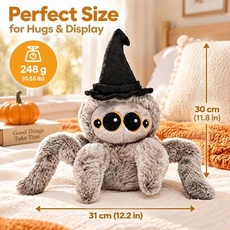 35cm Halloween Spider Plush Toy Cute Jumping Spider Stuffed Animal with Wizard Hat Soft Fluffy Kids' Holiday Gift