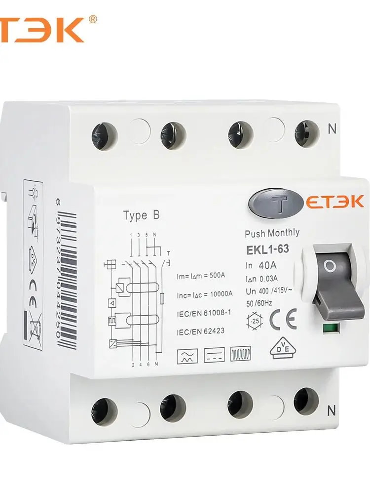 ETEK RCD Typ B Evse 4P 4Pole Fehlerstromschutzschalter RCCB 40a 63a 30ma EKL1-63HB 10KA DIN-Schiene 220V