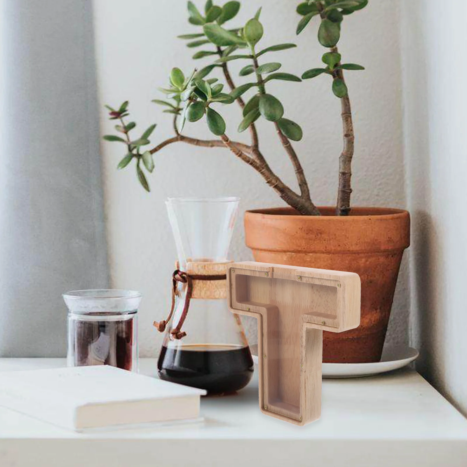 

Alphabet Wooden Piggy Bank Letter Saving Box Coin Storage Desktop Decor Flat Bottom Space Saving Wood Glass Money Bank