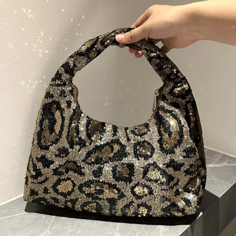 

2026 Spring New Fashionable Leopard Print Sequins Half Moon Bag Casual and Versatile Large Capacity Evening Shoulder Bag Female