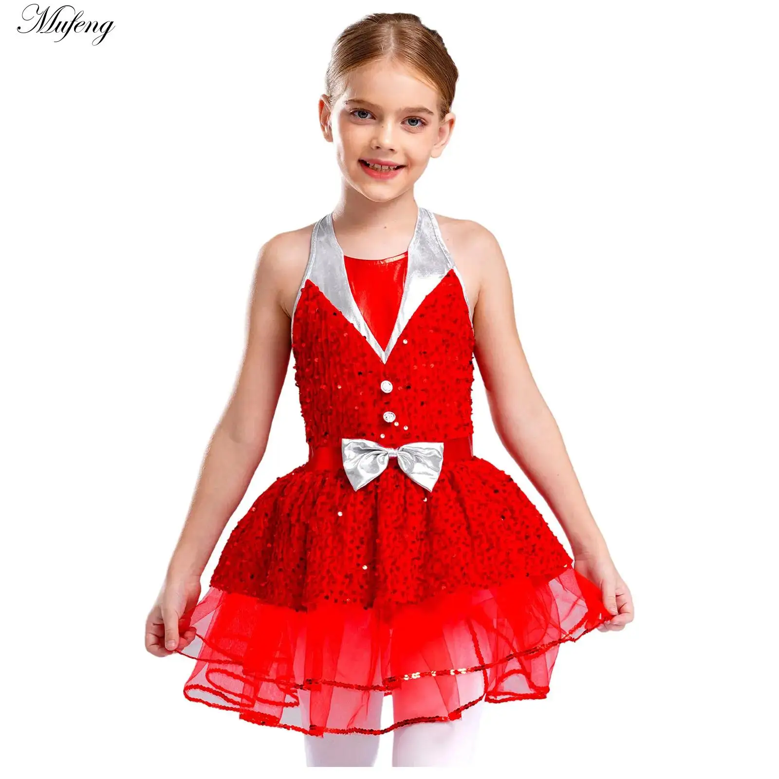 Girls Ballet Dance Dress Glittery Sequins Velvet Tutu Dress Halter Sleeveless Tutu Skirt Christmas Party Performance Dancewear