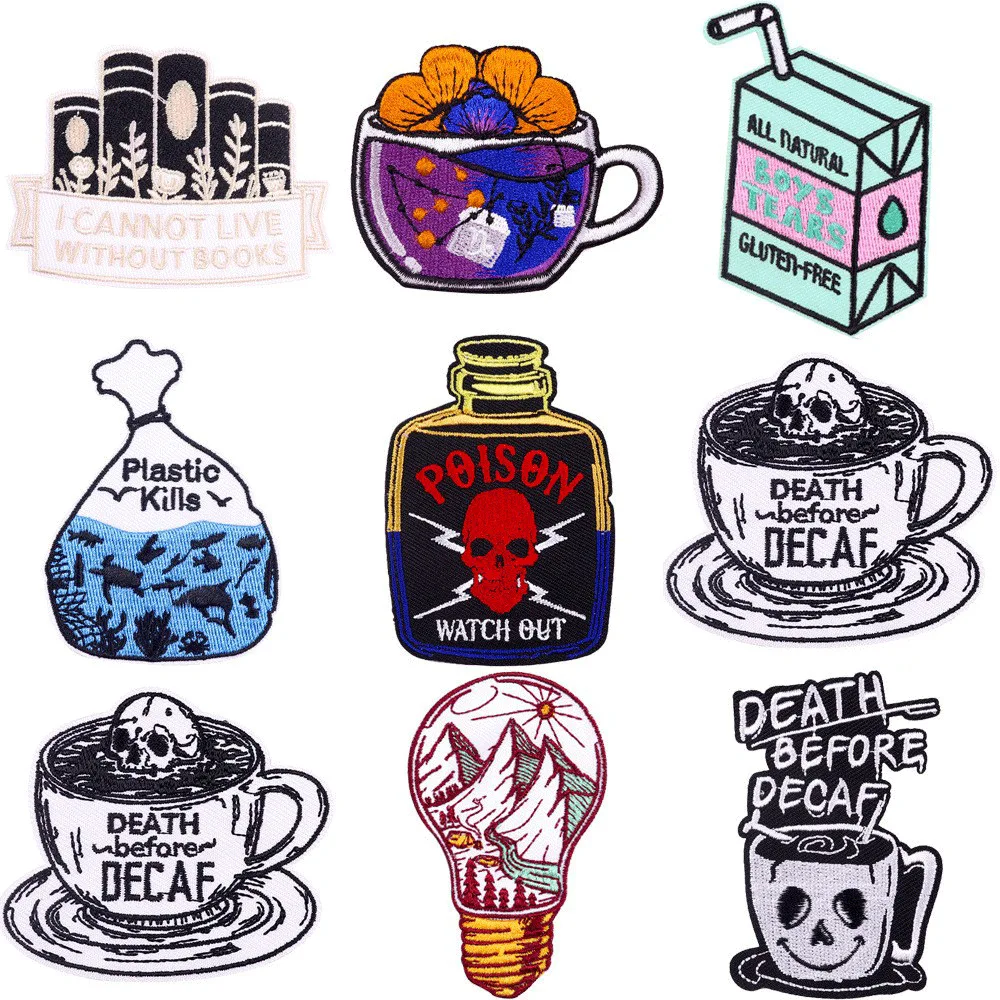 

Punk Rock Embroidery Patches Coffee Mug Skeleton Light Bulb Iron on Stickers Fashion Chest Badges Clothes Bags Hats Accessories