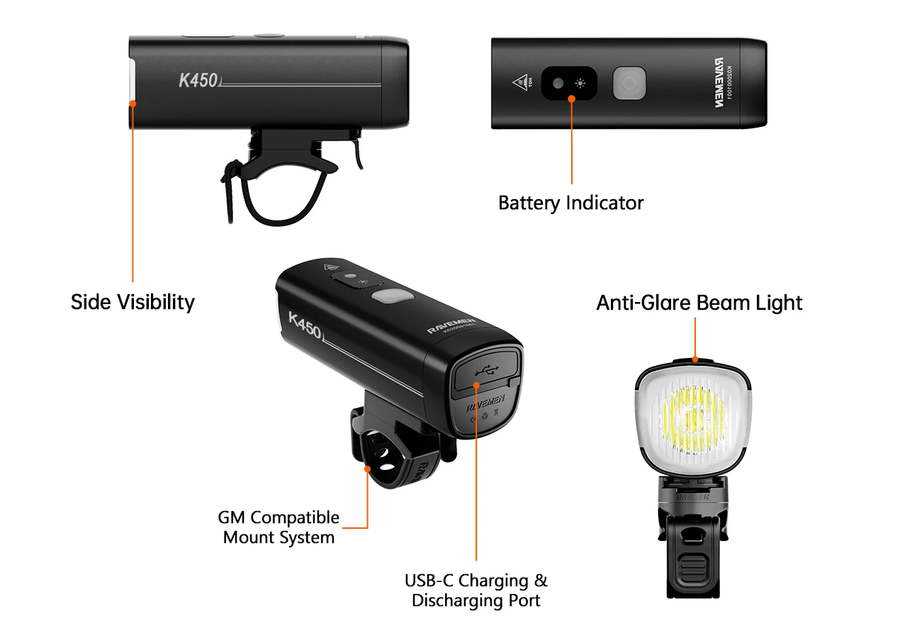 Ravemen LED Bike Front Light Bicycle Lamp Headlight USB Rechargeable K450 + AUB01 Upside-Down Mount Waterproof IPX7  Auto On-off