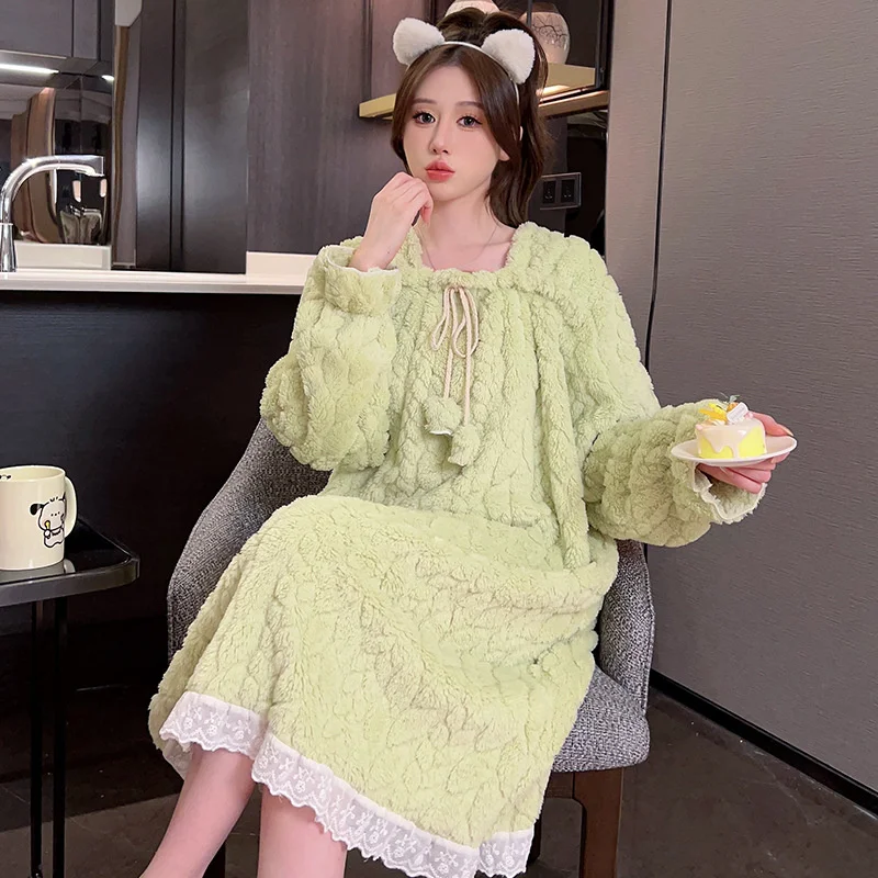 Autumn Winter Long over-the-Knee Nightdress Women  Flannel Cute Sweet Lace Princess Coral Fleece Pajamas Dress